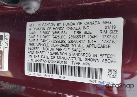 2019 Honda Cr-V Lx z USA, uszkodzony, nr VIN 2HKRW5H35KH403110